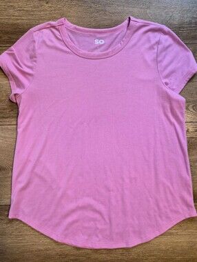 SO Pink Crewneck Short Sleeve T Shirt Large Curved Hem Soft Basic Tee Top